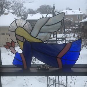Stained glass angel sun catcher 16"x15”/yellow, blue, pink, and white handmade?